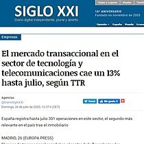 El mercado transaccional en el sector de tecnologa y telecomunicaciones cae un 13% hasta julio, segn TTR